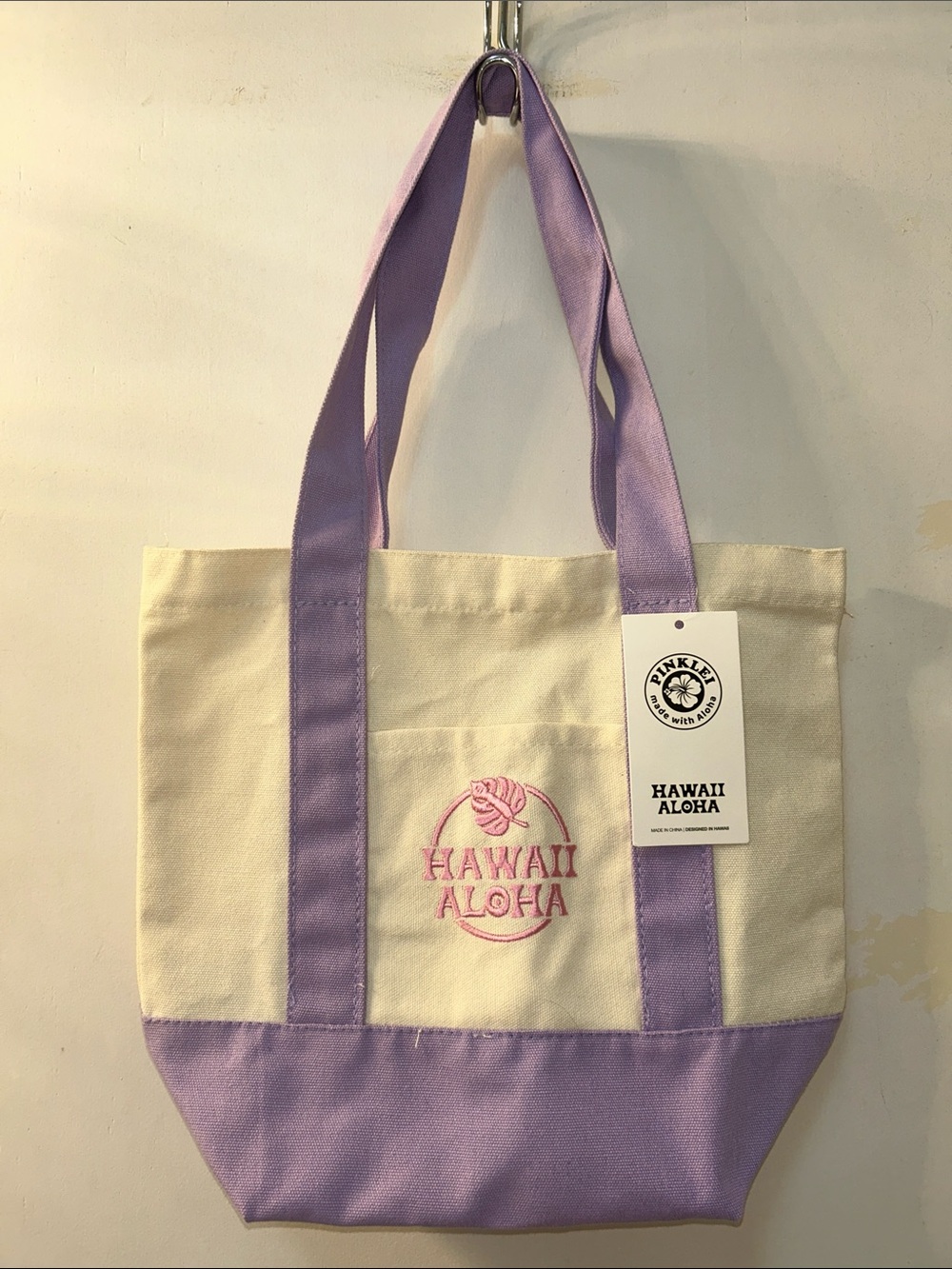 PINK LEI Hawaii Aloha Lavender-Trim Canvas Tote Bag